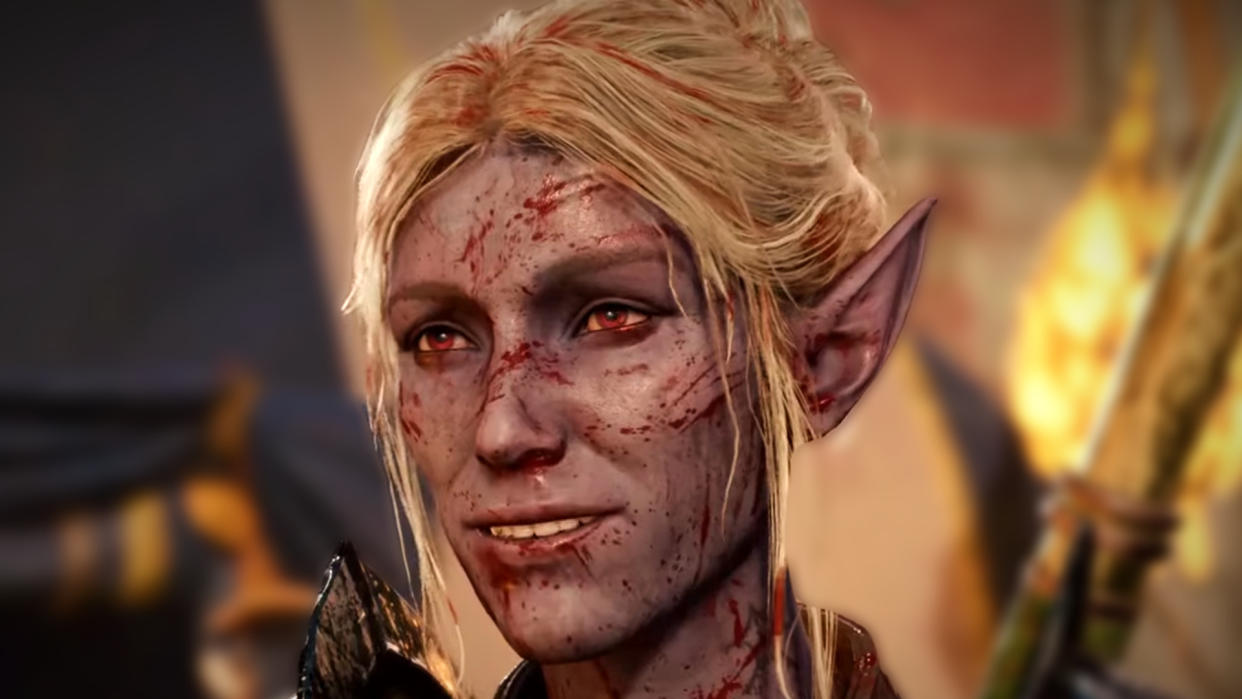  Baldur's Gate 3 Minthara, a drow with pale purple skin and light blonde hair, smirks as her face is covered in blood splatter. 