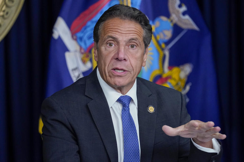 FILE - In this Wednesday, June 23, 2021, file photo, New York Gov. Andrew Cuomo speaks during a news conference, in New York. Cuomo is the outgoing chairman of the National Governors Association, which has been focused on states’ response to the coronavirus since the pandemic erupted across the U.S. Arkansas Gov. Asa Hutchinson will become the new chair of the association. (AP Photo/Mary Altaffer, File)