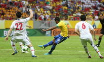 BRASILIA, BRAZIL - JUNE 15: Paulinho of Brazil scores his team's second goal during the FIFA Confederations Cup Brazil 2013 Group A match between Brazil and Japan at National Stadium on June 15, 2013 in Brasilia, Brazil. (Photo by Scott Heavey/Getty Images)