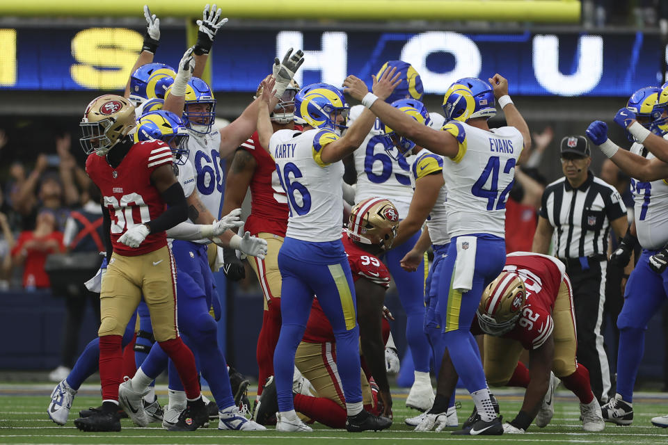 Los Angeles Rams place kicker Joshua Karty (16) celebrates with teammates after kicking a field goal against the San Francisco 49ers during the second half of an NFL football game, Sunday, Sept. 22, 2024, in Inglewood, Calif. (AP Photo/Ryan Sun)