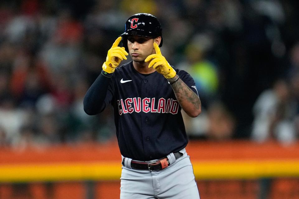 Cleveland Guardians' Brayan Rocchio reacts to his double against the Detroit Tigers in the fifth inning of a baseball game, Friday, Sept. 29, 2023, in Detroit. (AP Photo/Paul Sancya)