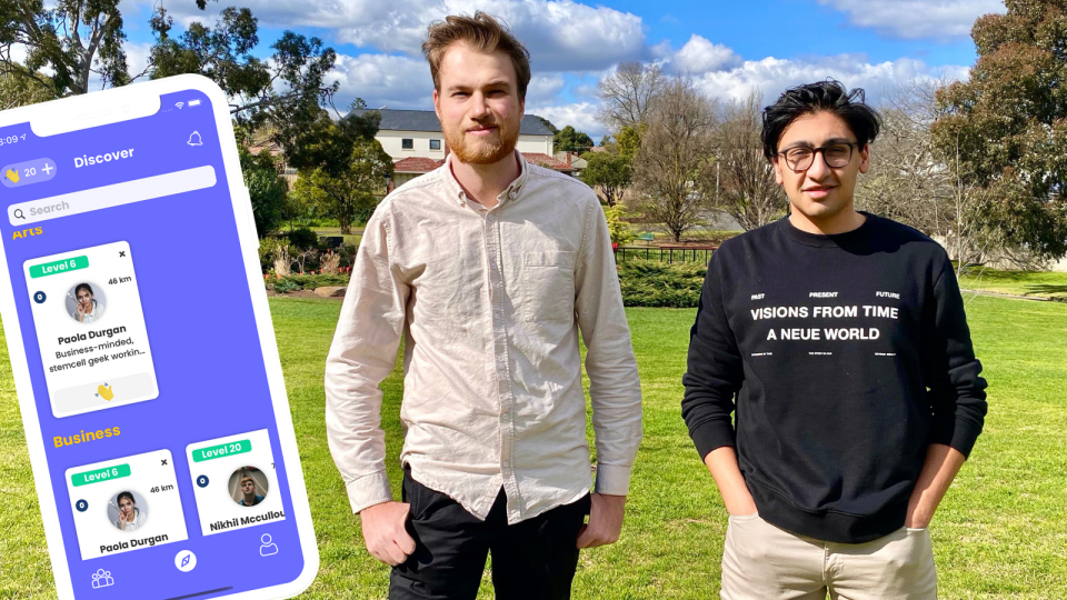 image of Grouptag cofounders Joe Gibbs and Dhruv Verma, with an image of the app superimposed on the left