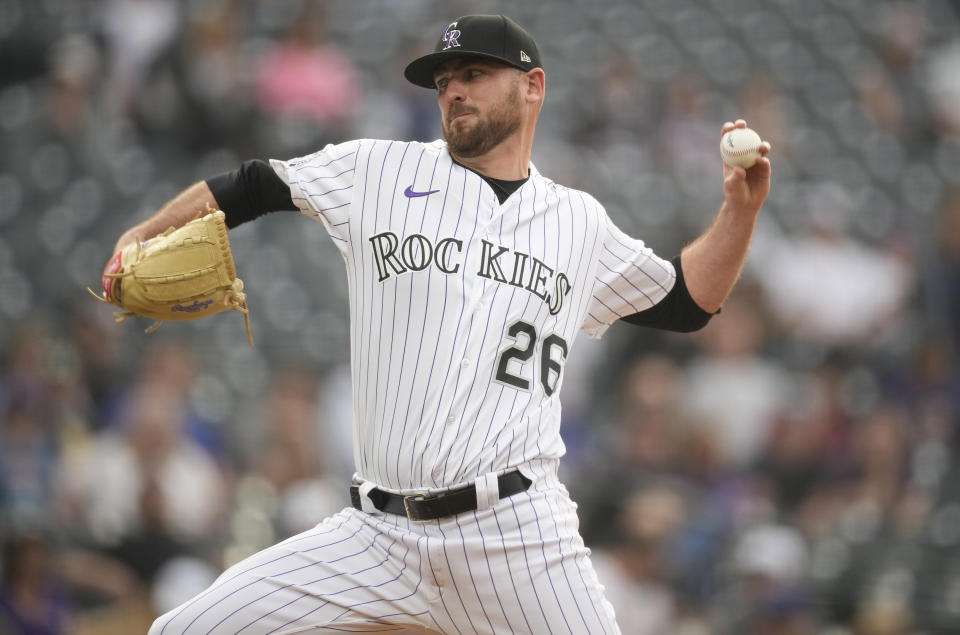 Colorado Rockies starting pitcher Austin Gomber works against the Miami Marlins during the first inning of a baseball game Tuesday, May 23, 2023, in Denver. (AP Photo/David Zalubowski)