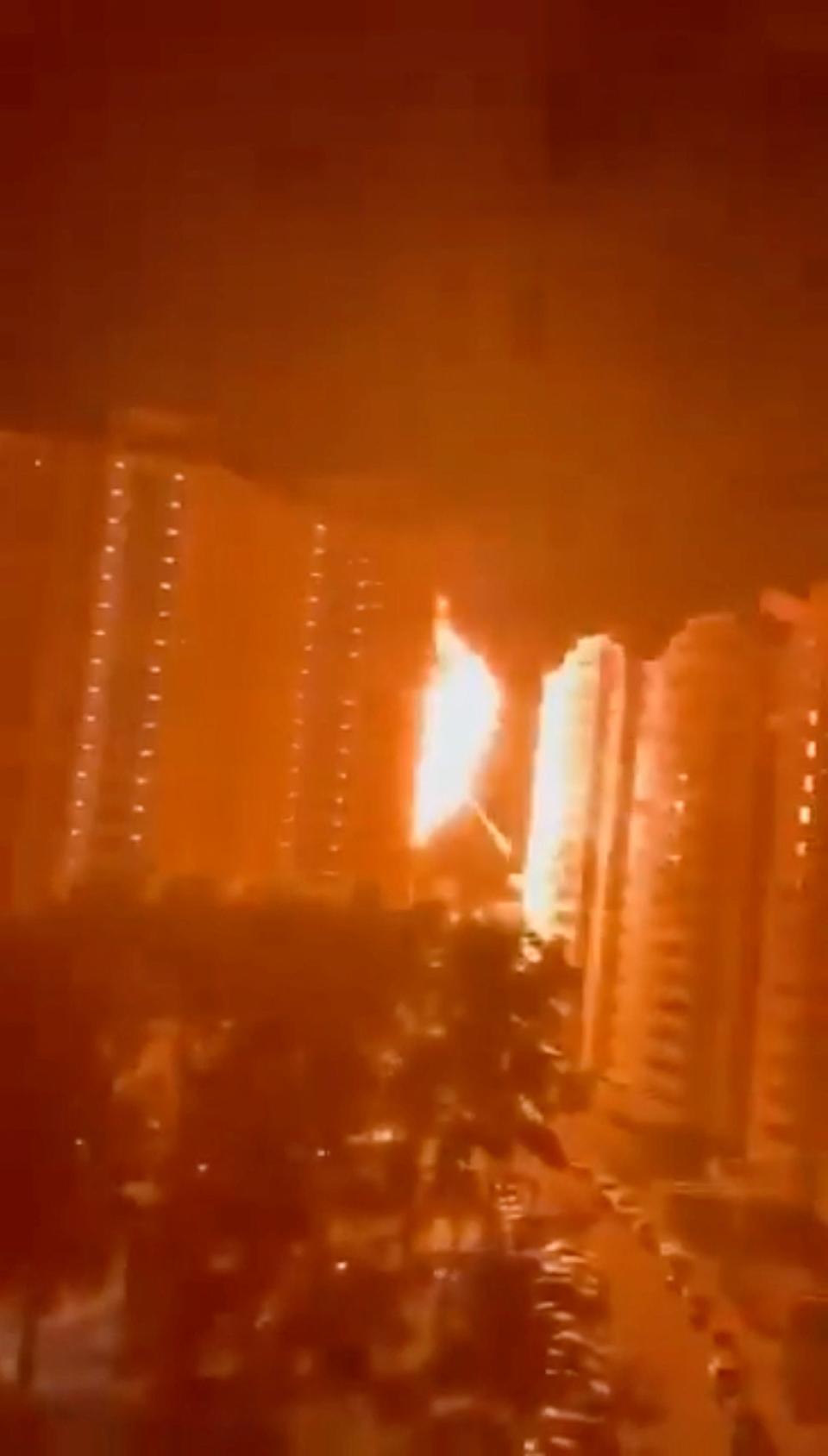 A residential building is hit by an explosion after being struck by what was said to be a drone strike launched by Ukraine, in the Ramenskoye district of the Moscow region (SOCIAL MEDIA via REUTERS)