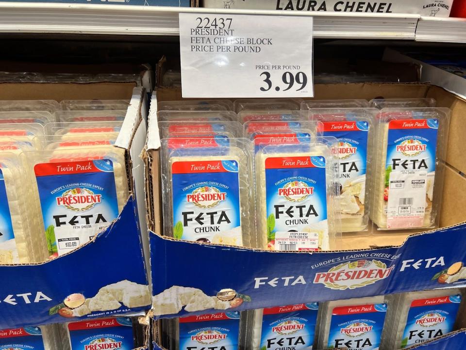 cases of feta cheese blocks in the fridge at costco