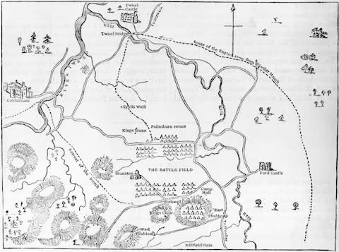 A map of the Battle of Flodden, with Twizel bridge at the top - Credit: getty