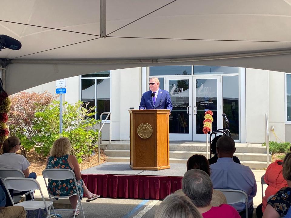 Kyle Clark, FSU's senior vice president for Finance and Administration, speaks during an event at FSU PrimaryHealth on Thursday, May 30, 2024 to dedicate the building in honor of Dr. Daniel Van Durme, who passed away exactly one year ago.