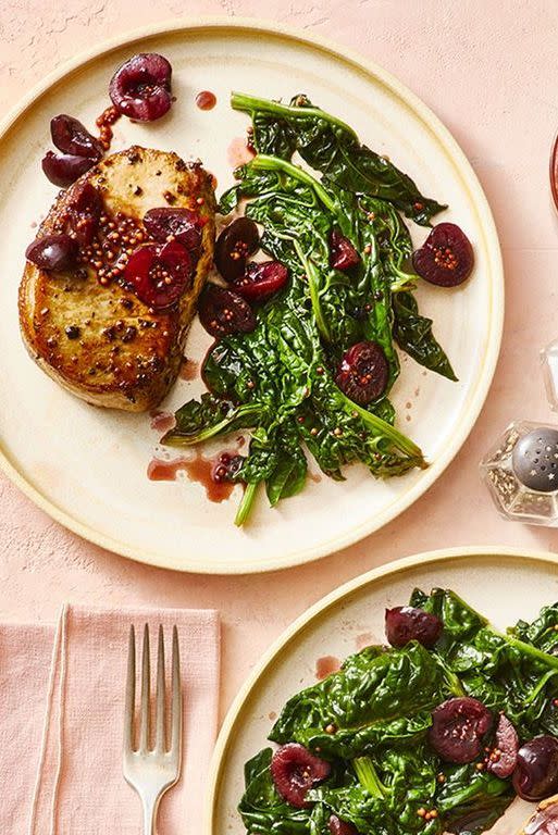 Seared Pork Chops with Cherries and Spinach