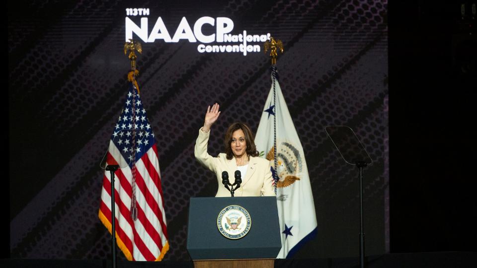 Vice President Kamala Harris delivers a speech during the 113th NAACP National Convention held at the Atlantic City Convention Center on Monday, July 18, 2022.  