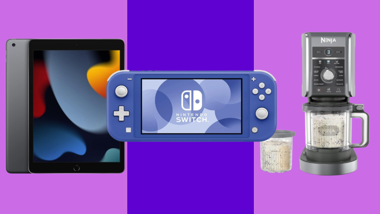 iPad, Nintendo Switch Lite, Ninja Creami over purple and blue background