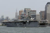 <p>The USS Bataan, from Norfolk, Va., sails up the Hudson River in New York, during Fleet Week, Wednesday, May 25, 2016. The annual Fleet Week is bringing a flotilla of activities, including a parade of ships sailing up the Hudson River and docking around the city. The events continue through Memorial Day. (AP Photo/Richard Drew) </p>
