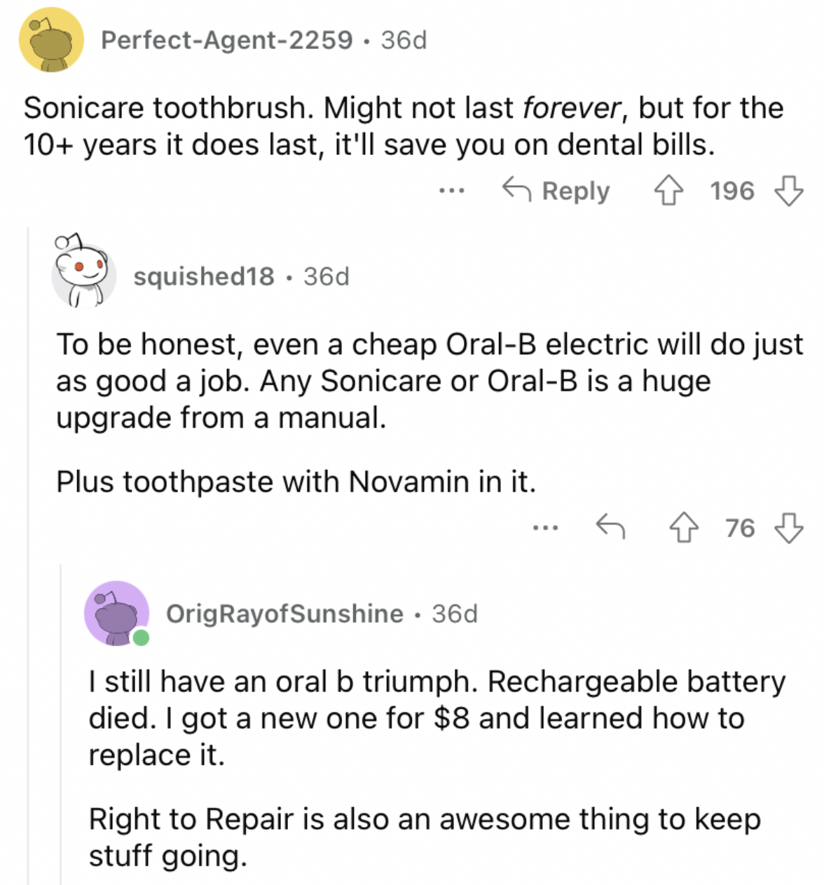 Reddit screenshot about the value of a Sonicare toothbrush.