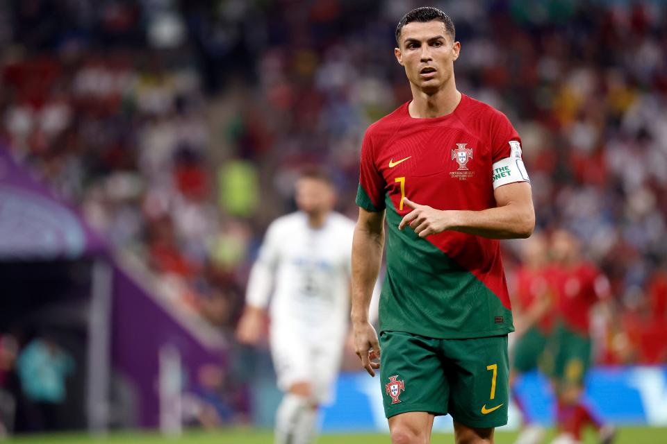 Portugal forward Cristiano Ronaldo looks on against Uruguay during the second half of the group stage match in the 2022 World Cup at Lusail Stadium.