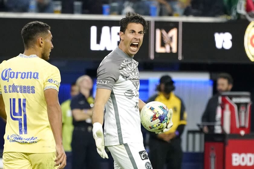 Club America goalkeeper Oscar Jimenez yells at his teammates during the first half of a Leagues Cup soccer match against Los Angeles FC Wednesday, Aug. 3, 2022, in Inglewood, Calif. (AP Photo/Mark J. Terrill)