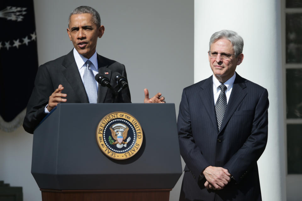 U.S. President Barack Obama (L) stands with Judge Merrick B. Garland, while nominating him to the US Supreme Court, in the Rose Garden at the White House, March 16, 2016 in Washington, DC. (Chip Somodevilla/Getty Images) 