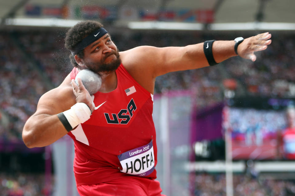 LONDON, ENGLAND - AUGUST 03: Reese Hoffa of the United States competes in the Men's Shot Put qualification on Day 7 of the London 2012 Olympic Games at Olympic Stadium on August 3, 2012 in London, England. (Photo by Michael Steele/Getty Images)