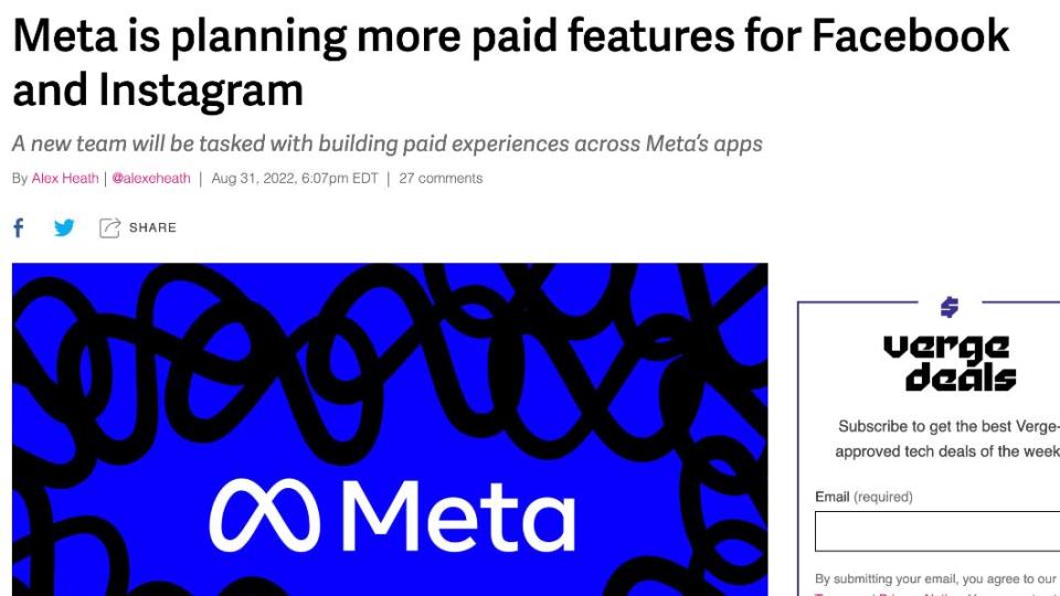 外媒報導，Meta將在計畫設立更多臉書、IG付費功能。（圖／翻攝自The Verge）