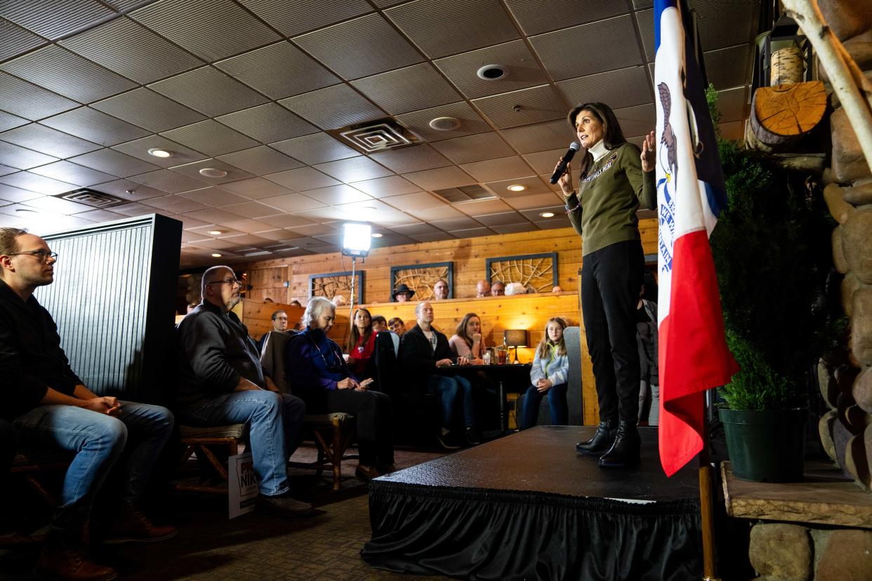 Former U.N. Ambassador Nikki Haley speaks to a crowd of supporters Saturday, Jan. 13, 2024, at Thunder Bay Grille in Davenport, IA.