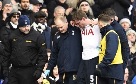 Britain Football Soccer - Tottenham Hotspur v West Bromwich Albion - Premier League - White Hart Lane - 14/1/17 Tottenham's Jan Vertonghen is carried off after sustaining an injury Reuters / Dylan Martinez Livepic