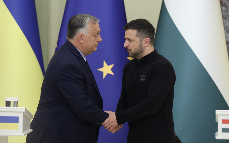 Hungarian prime minister Viktor Orban and Volodymyr Zelensky shake hands during press conference on July 2 in Kyiv