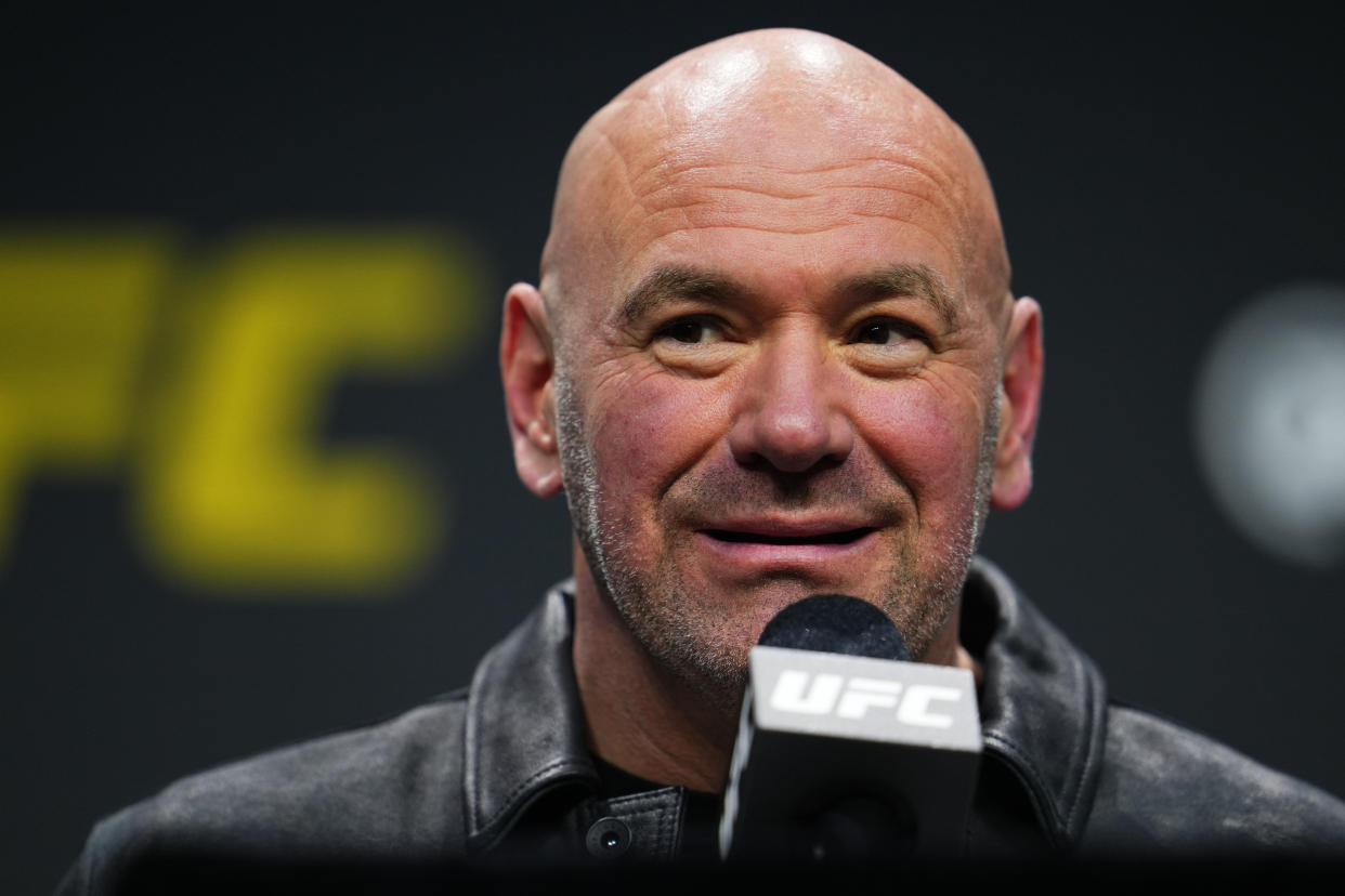 LAS VEGAS, NEVADA - DECEMBER 15: UFC CEO Dana White is seen on stage during the UFC 2024 seasonal press conference at MGM Grand Garden Arena on December 15, 2023 in Las Vegas, Nevada. (Photo by Cooper Neill/Zuffa LLC via Getty Images)