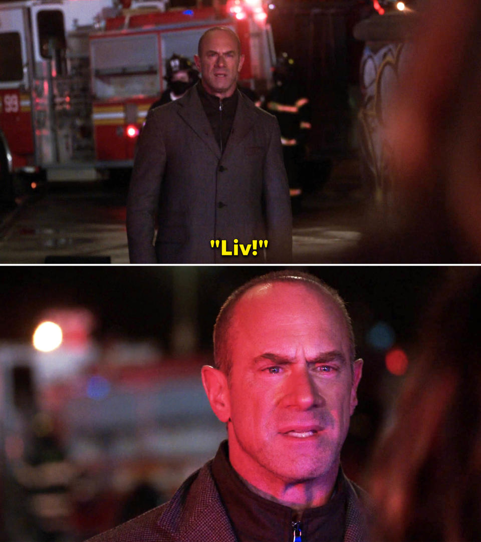 Elliot at an emergency scene and yelling, "Liv!"