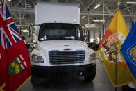 A truck used to transport stolen gold is displayed at a press conference regarding Project 24K a joint investigation into the theft of gold from Pearson International Airport, in Brampton, Ontario, on Wednesday, April 17, 2024. (Arlyn McAdorey/The Canadian Press via AP)