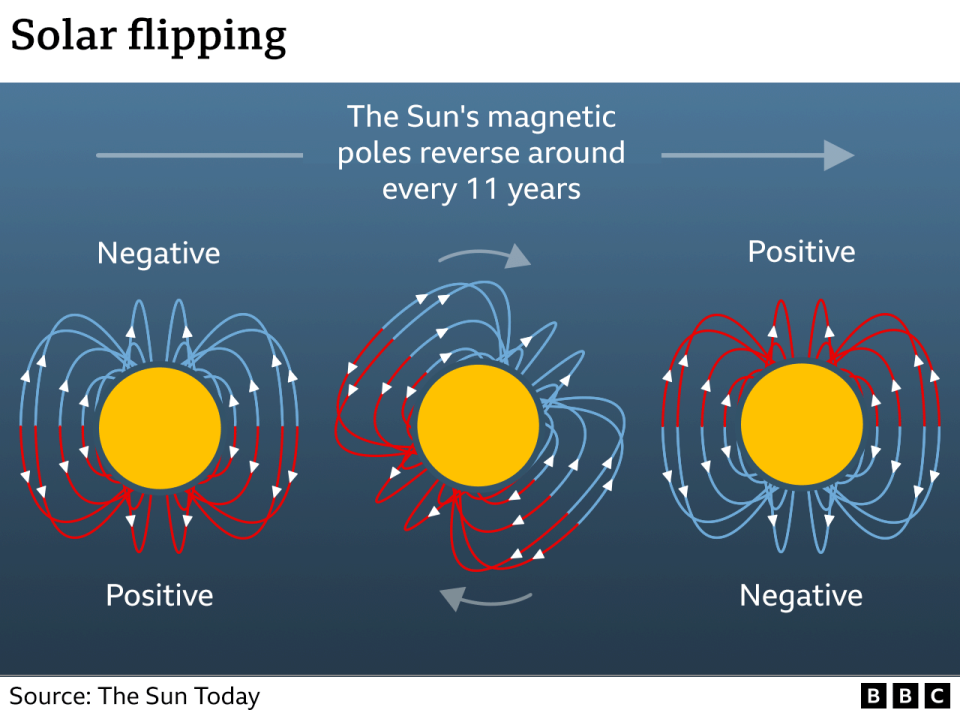 A graphic showing the Sun's magnetic poles flipping