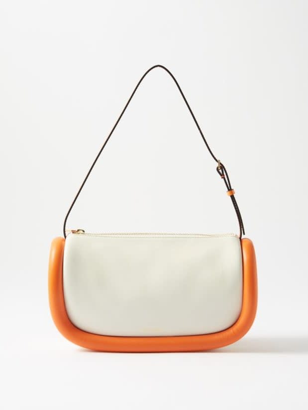 <p>JW Anderson Bumper Bi-colour Leather Shoulder Bag, $850, <a href="https://rstyle.me/+kmcS0fpN3g8vYfcpjF3raQ" rel="nofollow noopener" target="_blank" data-ylk="slk:available here;elm:context_link;itc:0;sec:content-canvas" class="link ">available here</a></p>