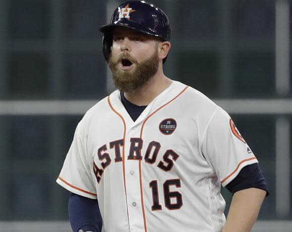 Astros’ catcher Brian McCann reacts after hitting an RBI double during the fifth inning of Game 6 of the ALCS. (AP)