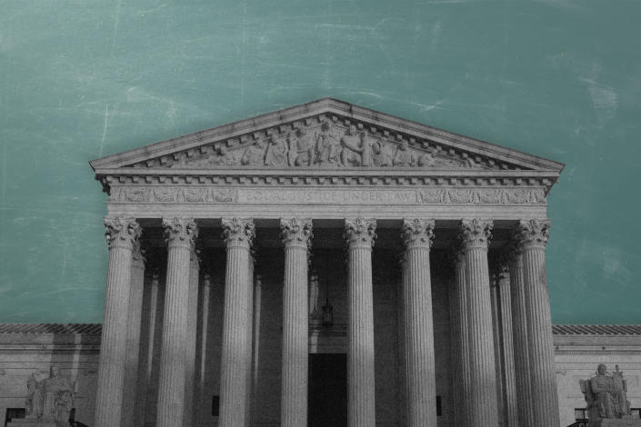 A photo-illustration of the US supreme court building in Washington