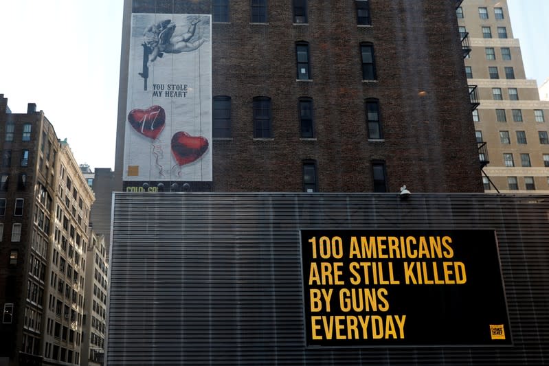 A "wall of Demand" mural and video message created by Manuel Oliver is seen one year anniversary of the school shooting in Parkland Florida in New York