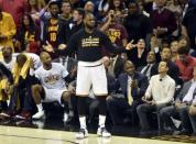 May 23, 2017; Cleveland, OH, USA; Cleveland Cavaliers forward LeBron James (23) reacts in the third quarter against the Boston Celtics in game four of the Eastern conference finals of the NBA Playoffs at Quicken Loans Arena. Mandatory Credit: David Richard-USA TODAY Sports