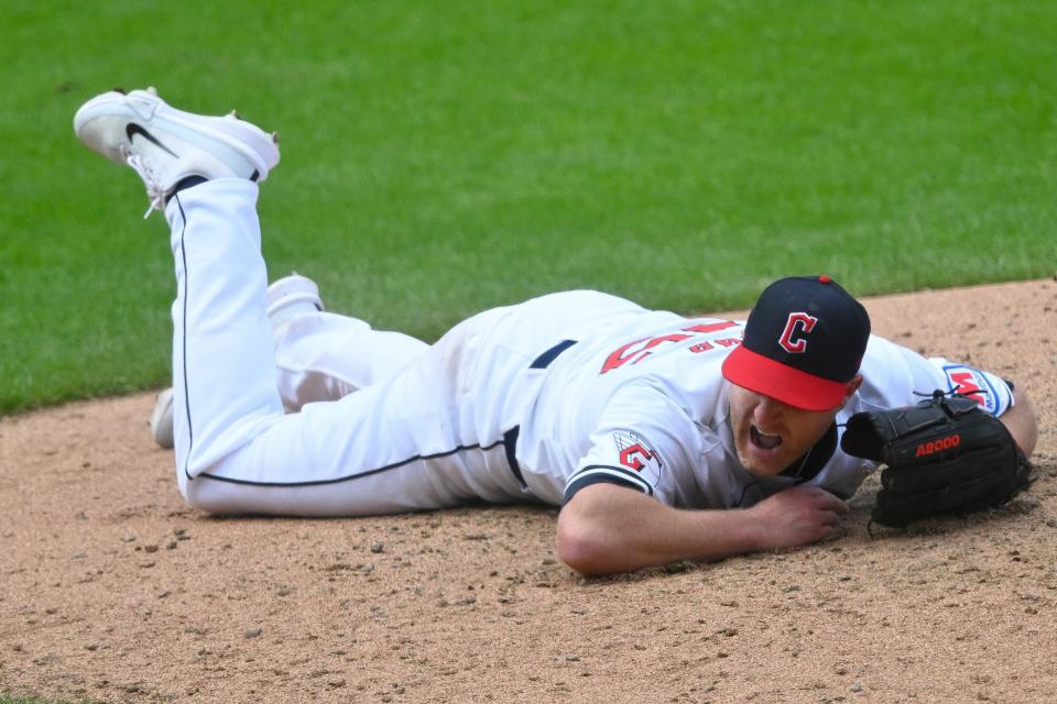 Cleveland Guardians starting pitcher Alex Cobb (35) reacts after he was struck by a batted ball against the Pittsburgh Pirates on Sept. 1 in Cleveland.