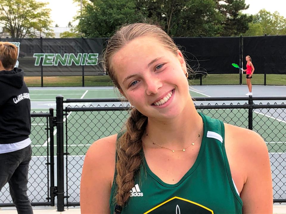 Richwoods High School No. 1 singles player Julia Wojtowicz after earning her 100th career varsity match win on Saturday, Sept. 16, 2023 at Richwoods tennis courts.