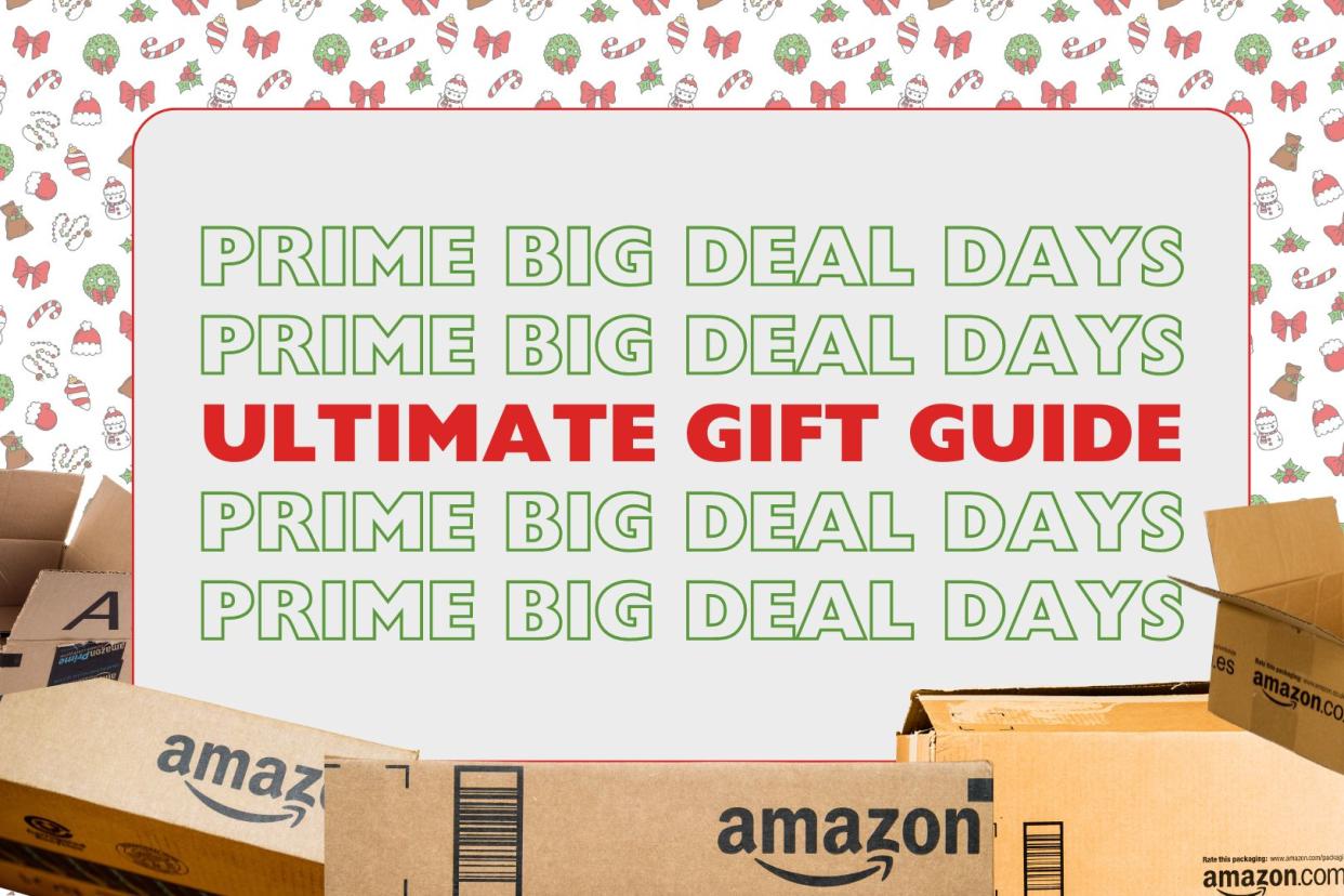 amazon prime day boxes on top of a composite of christmas designs