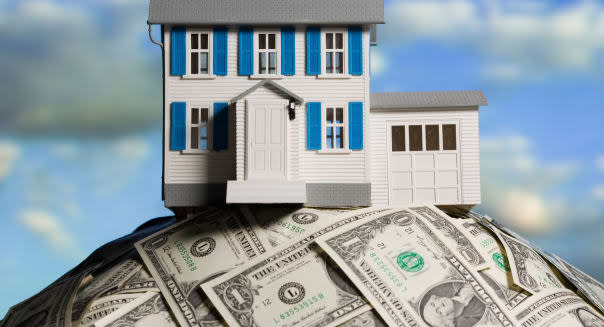 BJDH13 house on a pile of dollars Debt; Equity; Finance; House; Blue; Sky; Debt; Equity; Finance; House; Housing; Money; No; Peo