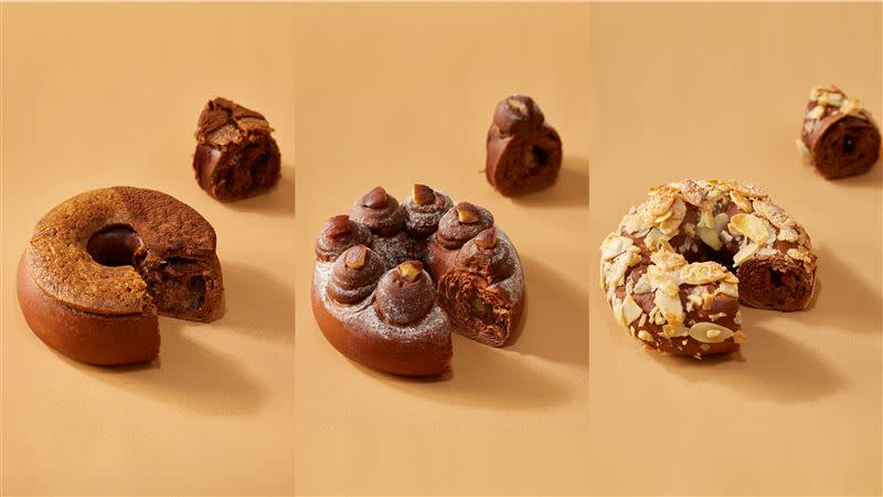 精品貝果系列限量發售中，由左到右分別為《伯爵茶巧克力》、《栗子蒙布朗》、《香草奶油烤杏仁》。（圖／品牌業者提供）