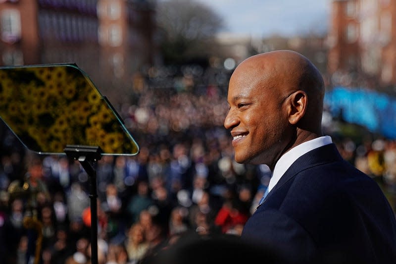Governor Wes Moore stands on the Dias during the ceremonial swearing in at the State Capital in Annapolis, Md., Tuesday, Jan. 18, 2023.