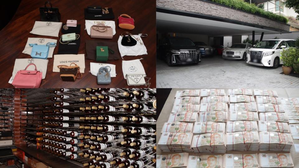 Assets such as wine, luxury bags, cars, and cash seized as part of a recent anti-money laundering operation. 