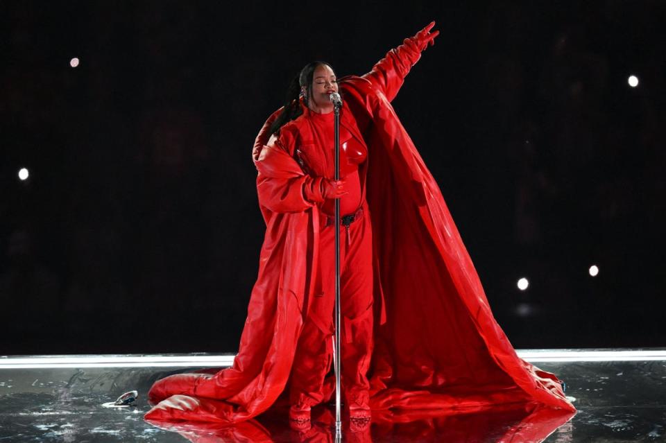 Rihanna's full look by Loewe, Alaïa and Salomon X MM6 at the Super Bowl (AFP via Getty Images)