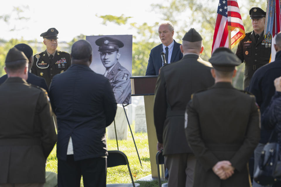 Sen. Chris Van Hollen, D-Md., speaks during a medal ceremony for Cpl. Waverly B. Woodson Jr., to be posthumously honored with the Bronze Star and Combat Medic Badge at Arlington National Cemetery on Tuesday, Oct. 11, 2023 in Arlington, Va. During the D-Day invasion, Woodson's landing craft took heavy fire and he was wounded before even getting to the beach, but for the next 30 hours he treated 200 wounded men while under intense small arms and artillery fire before collapsing from his injuries and blood loss, according to accounts of his service. (AP Photo/Kevin Wolf)