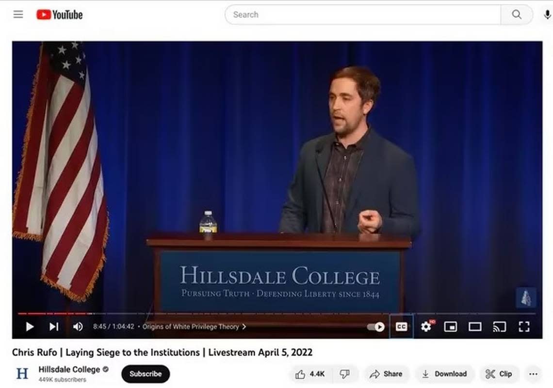 Christopher Rufo, a writer, filmmaker and activist who has challenged critical race theory, delivers a speech at Hillsdale College, a small conservative school in Michigan. His talk was titled “Laying seige to the institutions,” where he proposed major changes at public universities in the U.S. Gov. Ron DeSantis announced Rufo’s appointment to the New College of Florida board of trustees on Jan. 6, 2023.