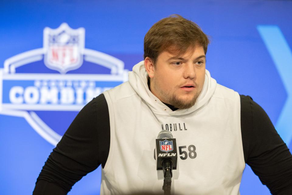 Mar 2, 2024; Indianapolis, IN, USA; Oregon offensive lineman Jackson Powers-Johnson (OL58) talks to the media during the 2024 NFL Combine at Lucas Oil Stadium. Mandatory Credit: Trevor Ruszkowski-USA TODAY Sports