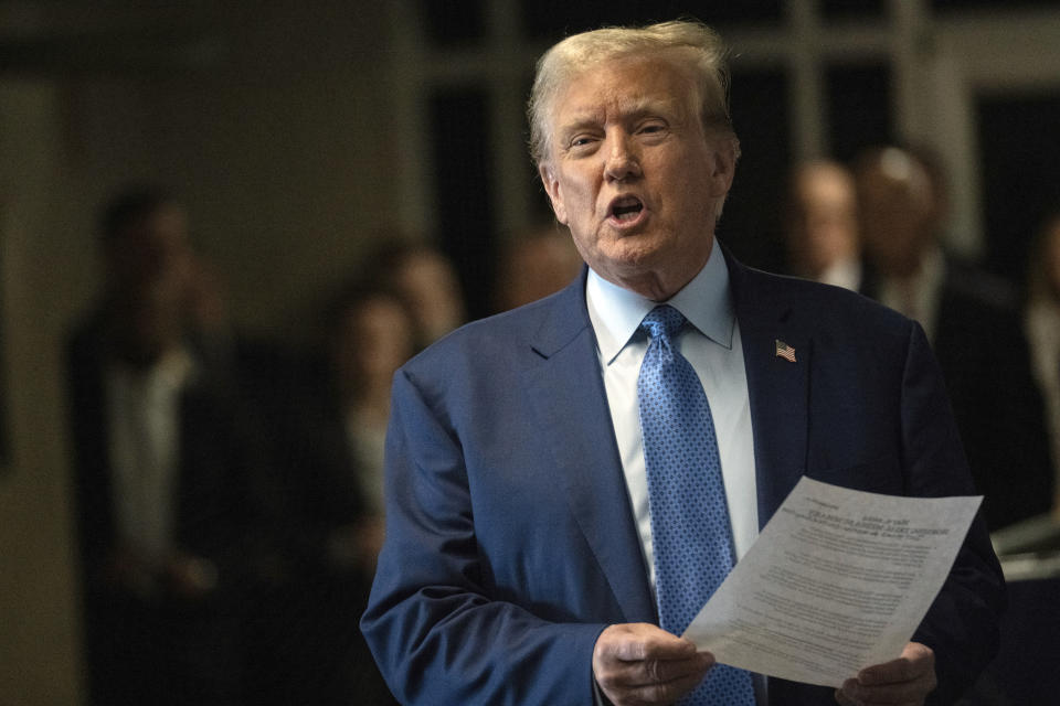 Former President Donald Trump speaks to reporters as he arrives for his trial at Manhattan Criminal Court, Thursday, May 9, 2024, in New York. (Victor J. Blue/The Washington Post via AP, Pool)