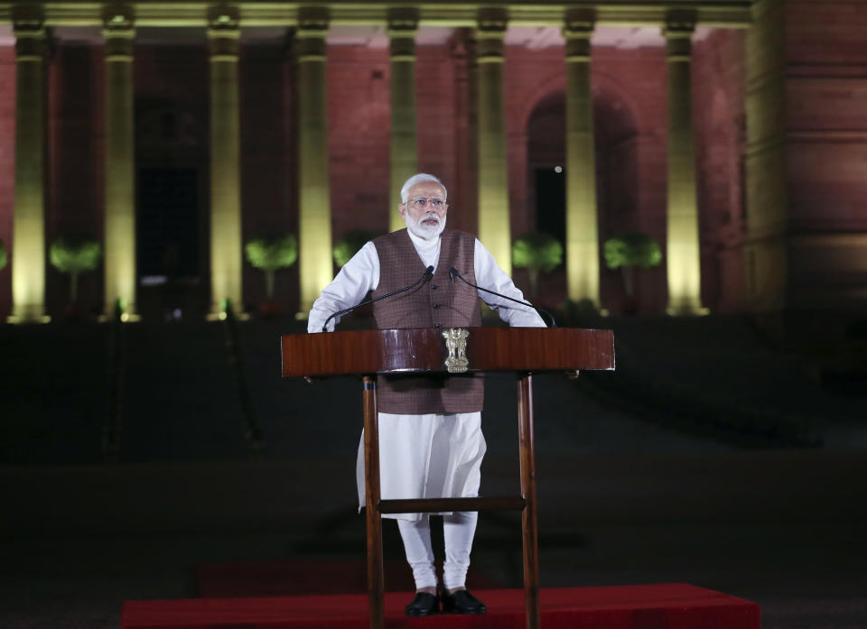 Indian Prime Minister Narendra Modi addresses the media after meeting with the President to stake claim to form the government in New Delhi, India, Saturday, May 25, 2019. Newly elected lawmakers from India's ruling alliance led by the Hindu nationalist Bharatiya Janata Party elected Narendra Modi as their leader on Saturday, paving the way for his second five-year term as prime minister after a thunderous victory in national elections. (AP Photo/Manish Swarup)
