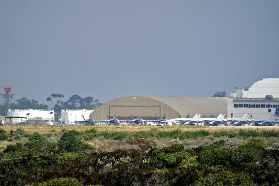 Marine Corps Air Station Miramar (MCAS) is shown on Friday, Aug. 25, 2023, in San Diego, appears to have temporarily closed down air operations. A Marine Corps pilot has died in the crash of combat jet near the San Diego military base. The service says in statement Friday that the F/A-18D Hornet went down at 11:54 p.m. Thursday in the vicinity of Marine Corps Air Station Miramar. (Nelvin C. Cepeda/The San Diego Union-Tribune via AP)