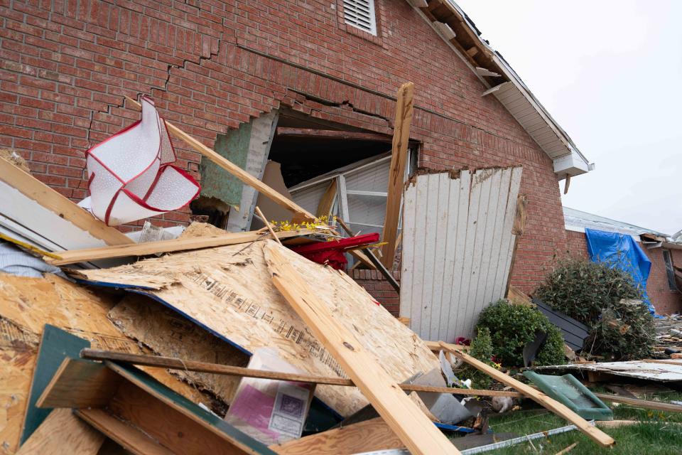 Damage is seen around Hanover, Ind. in Jefferson Manor neighborhood on Friday, March 15, 2024 after a tornado swept through on Thursday, March 14, 2024.