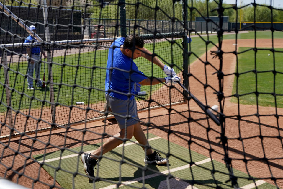 Israel Olympic baseball player Danny Valencia takes batting practice at Salt River Fields spring training facility, Wednesday, May 12, 2021, in Scottsdale, Ariz. Israel has qualified for the six-team baseball tournament at the Tokyo Olympic games which will be its first appearance at the Olympics in any team sport since 1976. (AP Photo/Matt York)