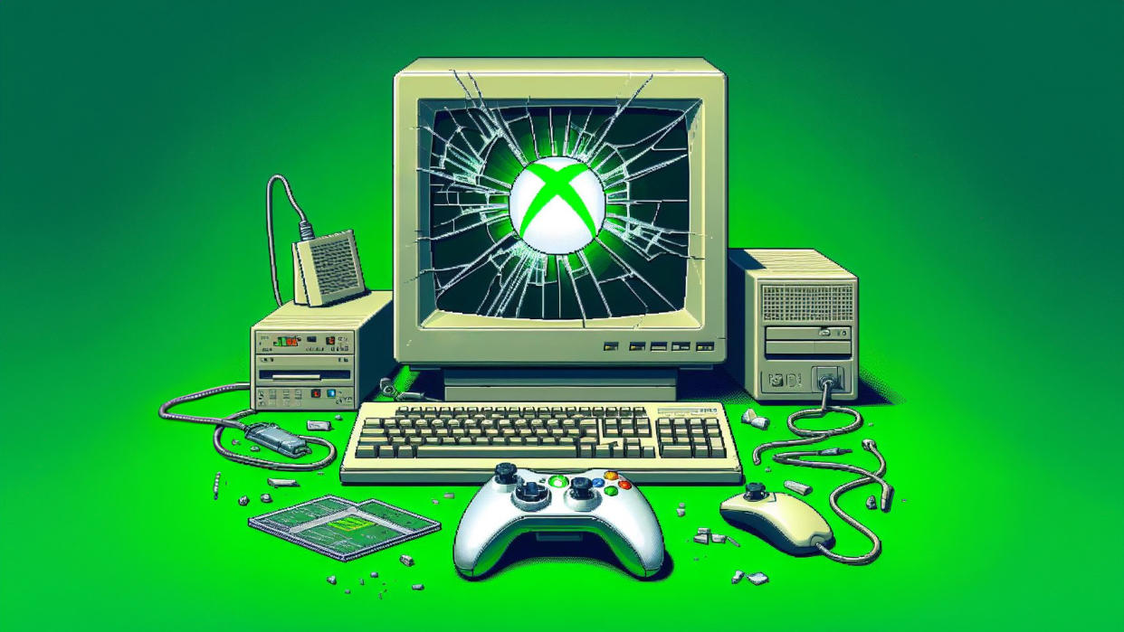  Xbox on a retro computer with a cracked screen. 